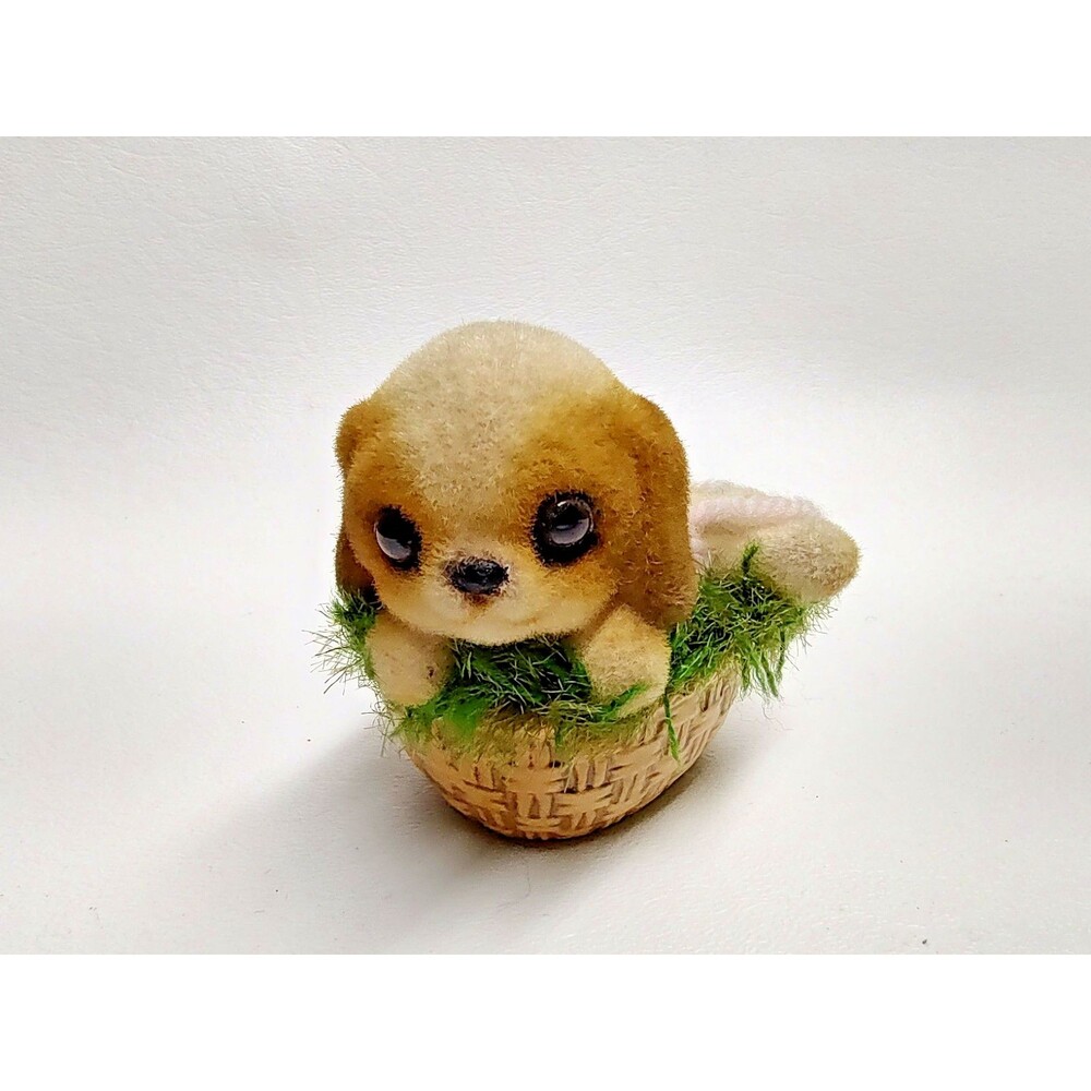 Vintage Josef Originals Puppy Dog Basket Adorable Flocked Japan Figurine 3x2.25"
